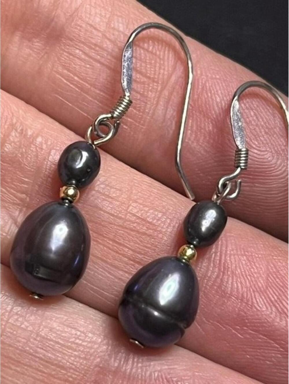 B5514 GSJ Sterling Silver Black Freshwater Pearl Dangle Drop Earrings 1.5"